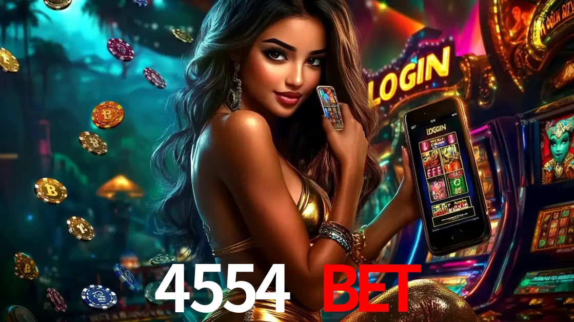 Mulher em um cenário de cassino temático de aventura, mostrando o app de caça-níqueis da 4554 BET no celular. Fichas de apostas flutuam ao redor.