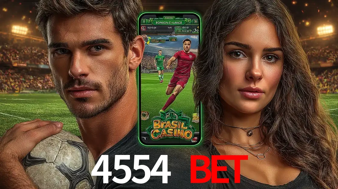Homem segurando uma bola de futebol e uma mulher ao lado de um smartphone exibindo o jogo de apostas esportivas da 4554 BET. Faça seu palpite no cassino online.